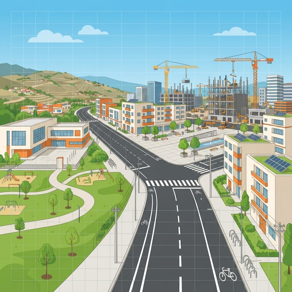 Ciudad nueva planificada con bulevares y parques