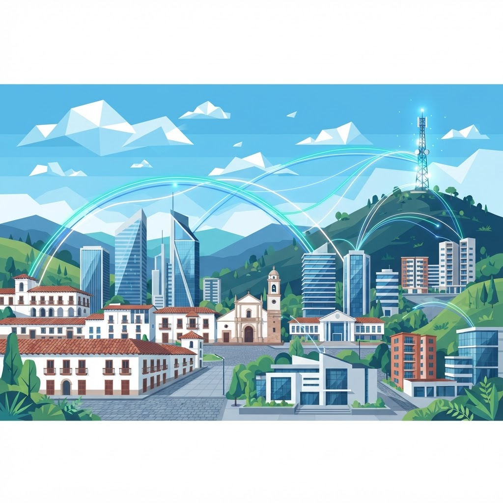 Pueblo moderno con centro digital y conectividad